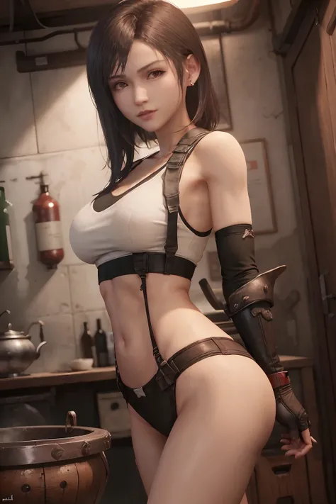 (tmasterpiece), (top-quality), 8K分辨率, ultra - detailed, ultra - detailed, hentail realism, A picture, Foto realism, (1girl in), fullnude、mideum breasts、Hairless、ff Tifa, Final Fantasy VII, Tifa Lockhart, concrete wall,metal pipes,Description of the red-eye...