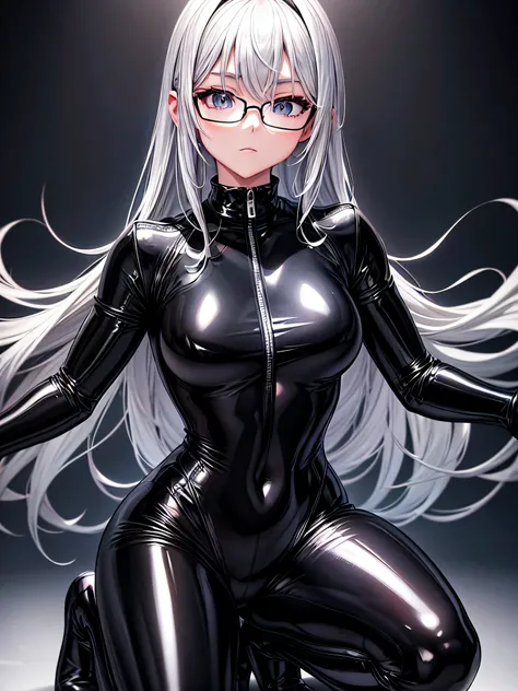 5 8K UHD、Silver-haired and small-nosed beauty in a black shiny black full-body rider suit wearing glasses squatting with her crotch wide open、Wearing a shiny black latex slider suit with hidden skin、Shiny black latex slider suit