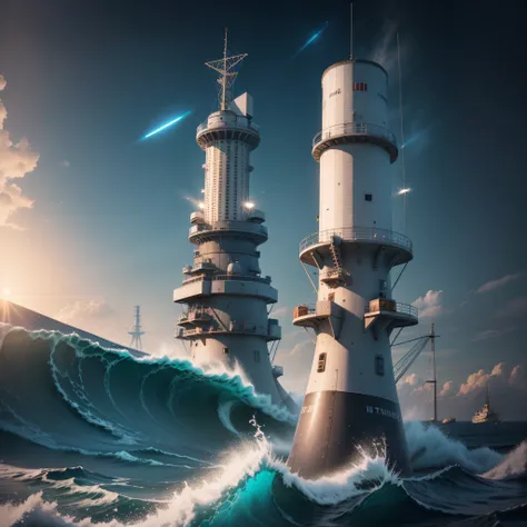 the sea，electromagnetic wave，base station，das boot，There are satellites in the sky，Tower，radar，Receive the signal，Maritime technology，Frontier of scientific and technological innovation，Best quality at best，tmasterpiece，photograph of-realistic，Complicated ...