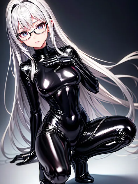 5 8K UHD、Silver-haired and small-nosed beauty in a black shiny black full-body rider suit wearing glasses squatting with her crotch wide open、Wearing a shiny black latex slider suit with hidden skin、Shiny black latex slider suit