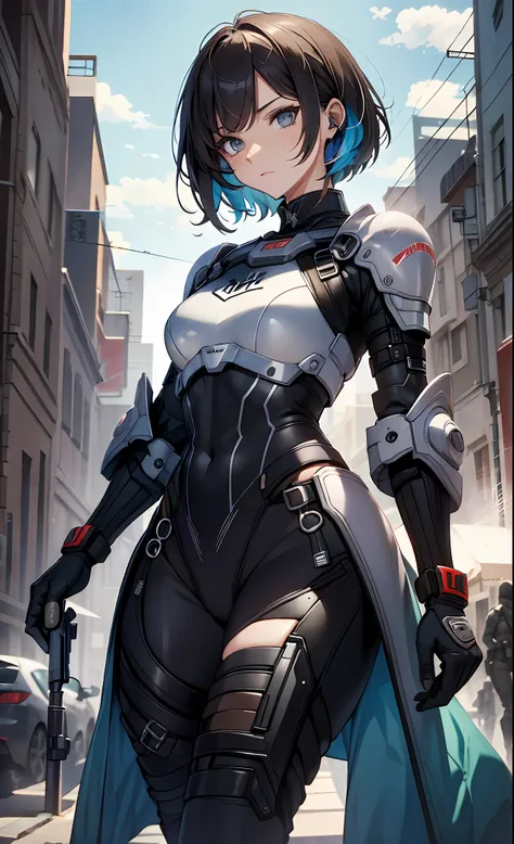 best qualityer，tmasterpiece，Ultimate resolution，downy，Extremely colorful，Colorful，Women combatants，a matural female，extra very short hair，holding gun，Tight combat suit，tightsuit，Steel City background，Normal posture，Normal posture