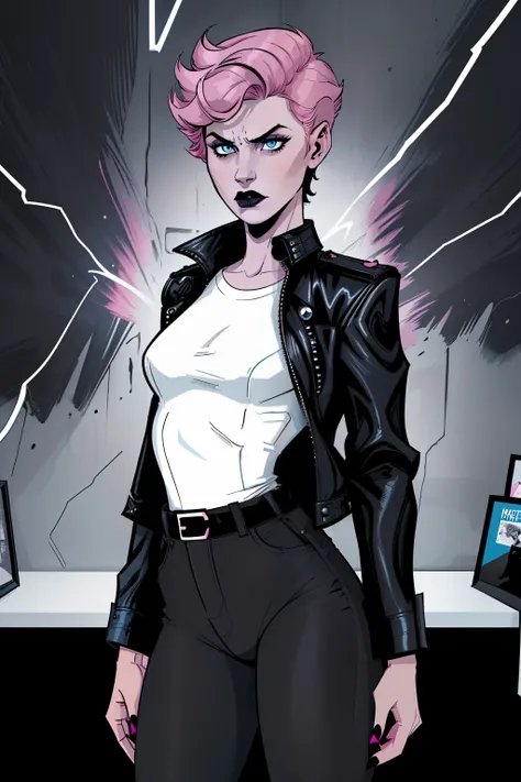 woman, standing, inside a dark room, dark wall in background, pale blue eyes, detailed short pink hair Short Side Comb haircut, angry expression, black lipstick, small tits, wearing a leather jacket, black pants, shirt, white shirt, comic book style, flat ...