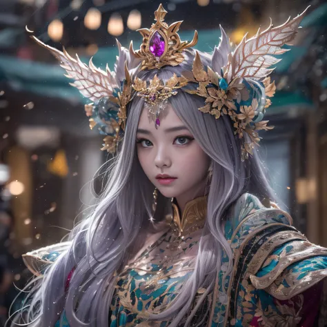 32K（tmasterpiece，k hd，hyper HD，32K）short detailed hair，Gold jewelry area in the back room，Flame Girl ，Yao Lang protector （realisticlying：1.4），Python pattern robe，Purple-pink tiara，Snowflakes fluttering，The background is pure，Hold your head high，Be proud，Th...