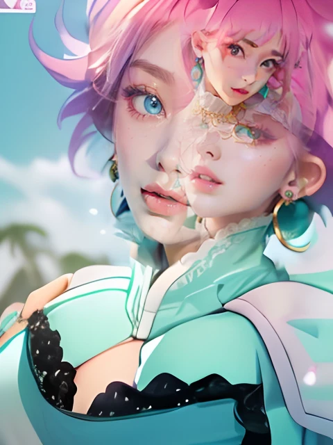 Mint green long-sleeved clothes、Big purple drooping eyes with arched eyebrows and pink short splashed hair,,,、White shoulder pads、Blue bustier and black lace、Gold Earrings、Girl in mint green clothes with open chest