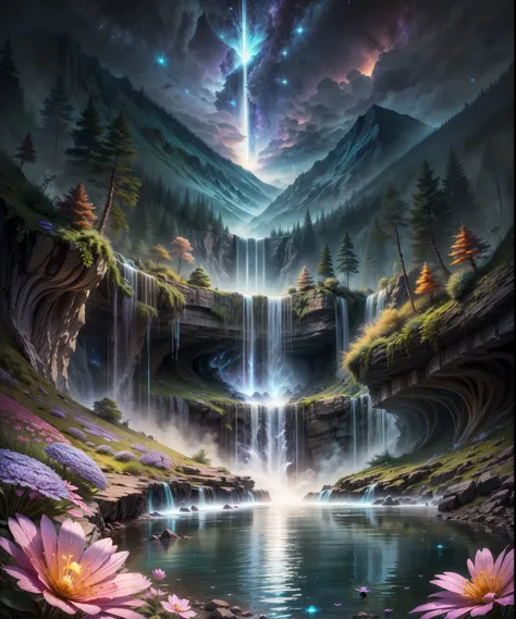 bioluminescence, waterfall, flowers, starry sky