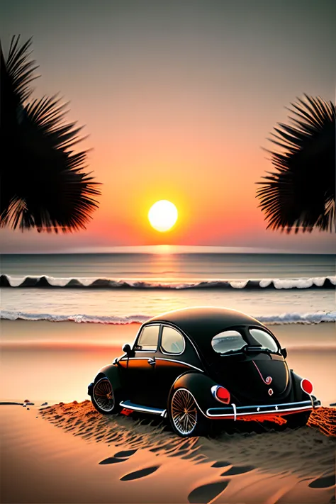 a black Volkswagen Beetle on the beach at sunset, Cartoon