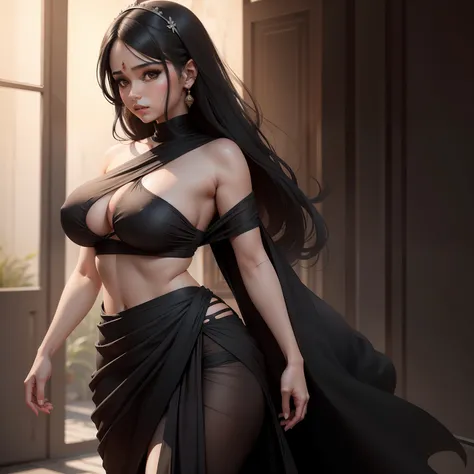 A girl, black saris dress , hot, high quality detail, ultra realistic, big boobs, waist out, showing ass