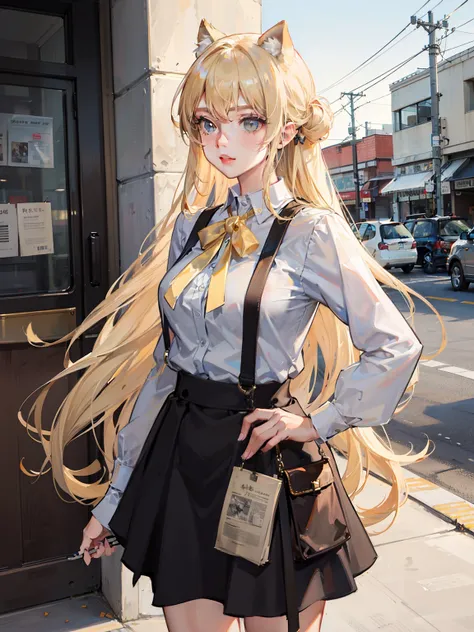 （the yellowed texture, art by Kurahashi Rei）
a super beautiful girl, white long hair, big bright eyes, cool feeling, retro suspender, vintage style.low saturation colors, mottled texture, the yellowed
texture, art by Kurahashi Rei, front view, background i...