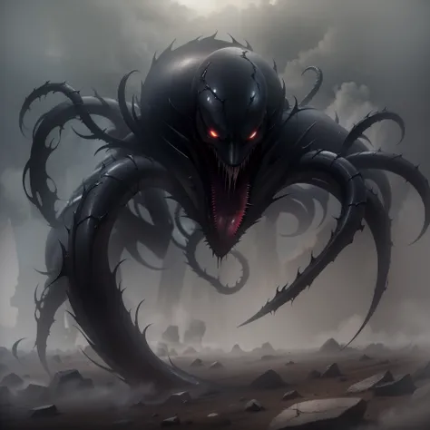 "Black venom emerges from the ground amidst a hazy sky."