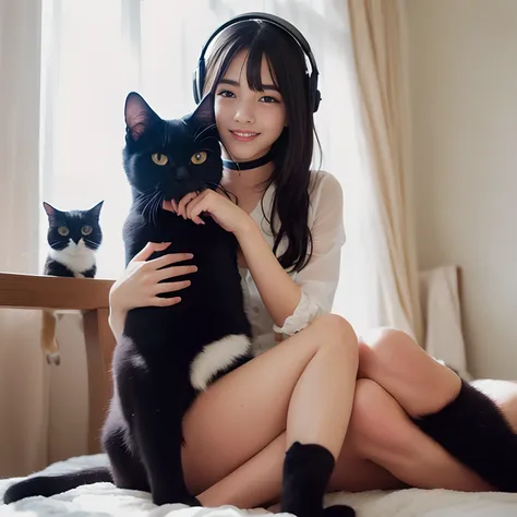 Woman in light maid clothes lying in bed with black cat, Smiling Woman、No makeup、smiling  girl、Vlchats in thin maid clothes, Nekomimi, maid! attractive cat girl, Wearing Apple products in VR, very beautiful cute catgirl, Girl in VR headset, catgirl, Cat Gi...