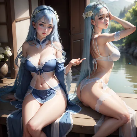 （Enrich your images，Masterpiece-level quality）Beautiful 8K CG artwork，Goddess-like posture，Sit by the river，Postural exercises，Slim and soft，Translucent skin，Blue hair、Extra longhair beauty, Super long straight hair，the skin is fair and juicy,，Big Lingerie...