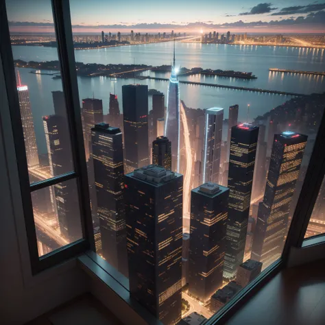 dentro de um quarto de apartamento com vista para nova york um quarto a noite com vista da janela para a cidade, aconchegante, detalhado, quarto arrumado, super high res, 8k, parameters Best quality, obra-prima, super high res, mais detalhes