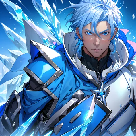 Anime characters with blue hair and blue eyes in snowy scenes, Ice Mage,  Tall anime guy with blue eyes, freezing blue skin, Key anime art, Kazuto Okada。, male anime character, Ice crystal armor, Detailed key anime art, full portrait of magical knight, blu...