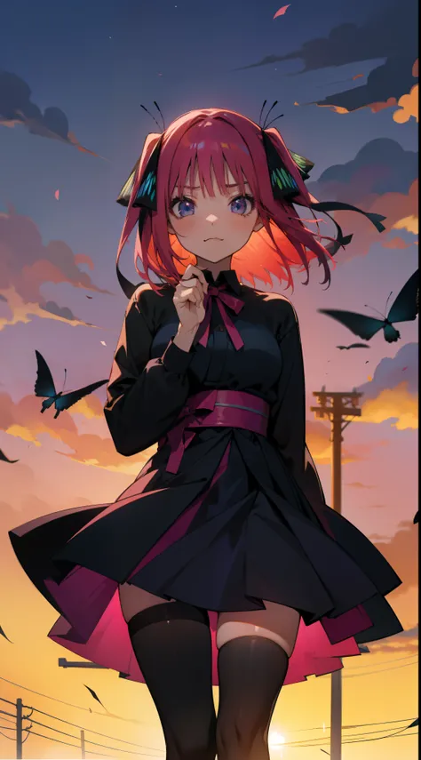 anime girl, looks at viewer, tokyo, pink hair, two black and blue butterfly bows, black tights, gothic dress, short hair, anime Japan, sunset, closed mouth, tsunderee, tights, gothic