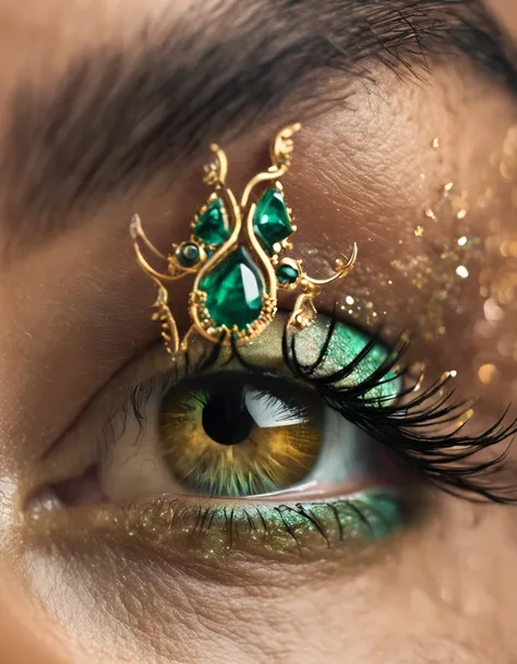 A very close up photo, gold, face, a beautiful girl with emeralds in her eyes, Mexican, diamond hair, perfect skin, ((symmetrical)), gleaming eyes, seductive gaze, a lots of gems