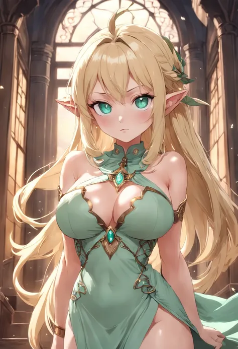 masterpiece,age30,mature,anime,elf,woman,blonde,tall,SFW busty,voluptuous,SFW huge breasts,curvy,intricate detailed long dress,mint green eyes