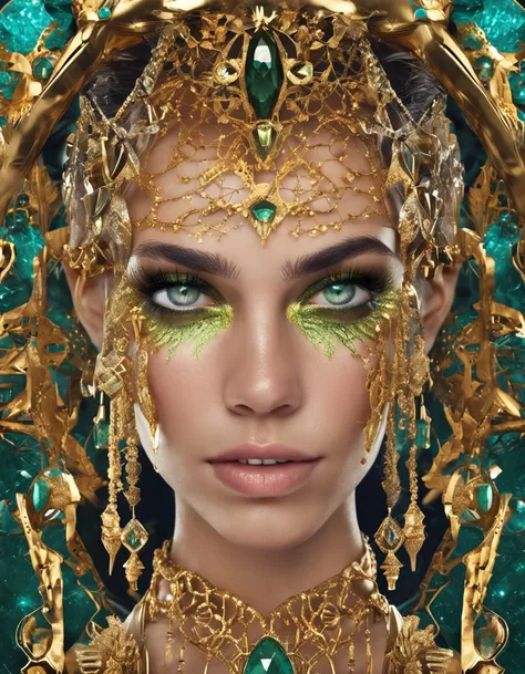 A very close up photo, gold, face, a beautiful girl with emeralds in her eyes, Mexican, diamond hair, perfect skin, ((symmetrical)), gleaming eyes, seductive gaze, a lots of gems