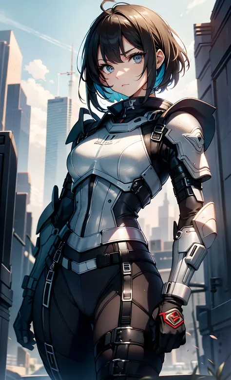 best qualityer，tmasterpiece，Ultimate resolution，downy，Extremely colorful，Colorful，Women combatants，a matural female，Black super short hair，holding gun，Tight combat suit，tightsuit，Steel City background，nigh sky，Normal posture，Normal posture