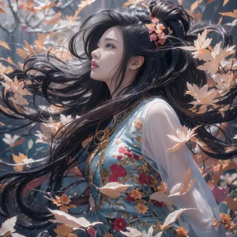 32K（tmasterpiece，k hd，hyper HD，32K）Long flowing black hair，ponds，zydink， a color，  Xuzhou people （Sexy girl nipple）， （Blue and white silk scarf）， Combat posture， looking at the ground， long whitr hair， Floating hair， Carp pattern headdress， Chinese long-sl...