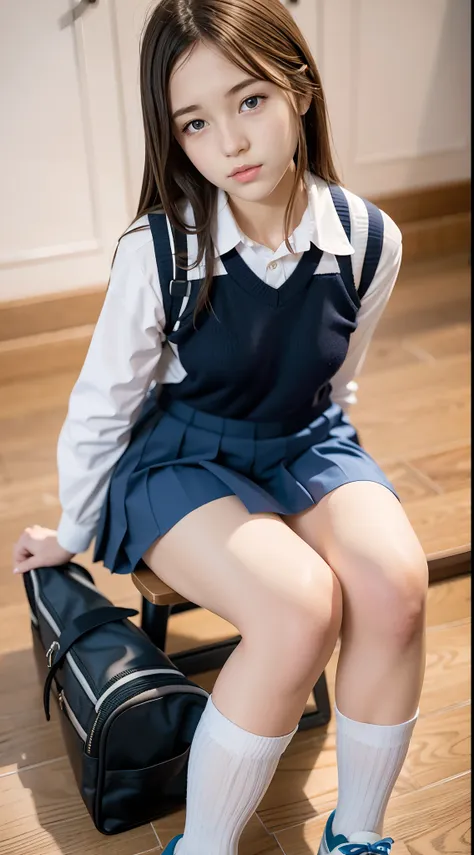 a closeup,17 year old cute girl in alafed sitting on the floor with legs crossed, a hyperrealistic schoolgirl, a hyperrealistic schoolgirl, Spar short pleated skirt on uniform Y-shirt、Wear dark blue high socks and loafer leather shoes,Cute Schoolgirl, Real...