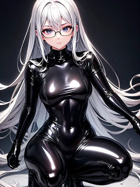 5 8K UHD、Silver-haired and small-nosed beauty in a black shiny black full-body rider suit wearing glasses squatting with her crotch wide open、Wearing a shiny black latex slider suit with hidden skin、Shiny black latex slider suit