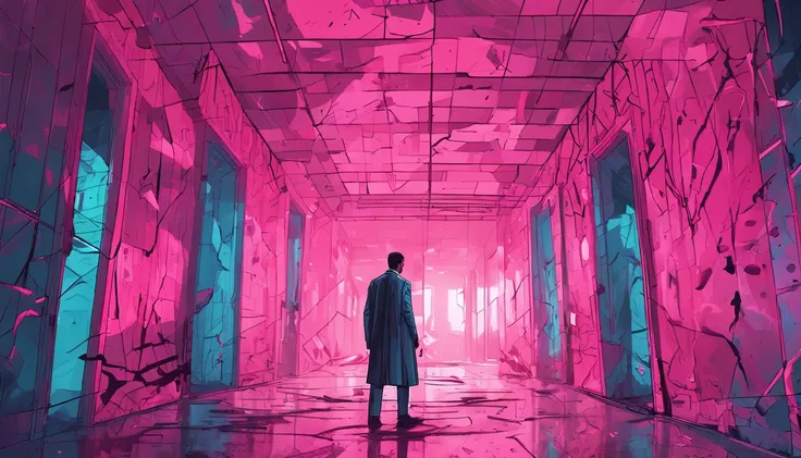 Fifteen men clad in a formal suit wields a weapon,Battle a bio-mechanical monster,abandoned hospital corridor,illuminated by light rays filtering through the glass,in a contrasting pink and blue color scheme,painting style:Surrealism,artist: Alena Aenami