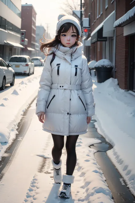 A girl wearing white clothes walks on the snowy ground