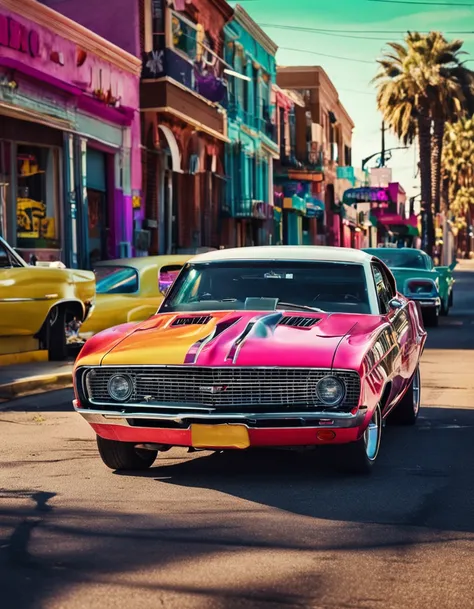 A photo of a muscle car, colorful