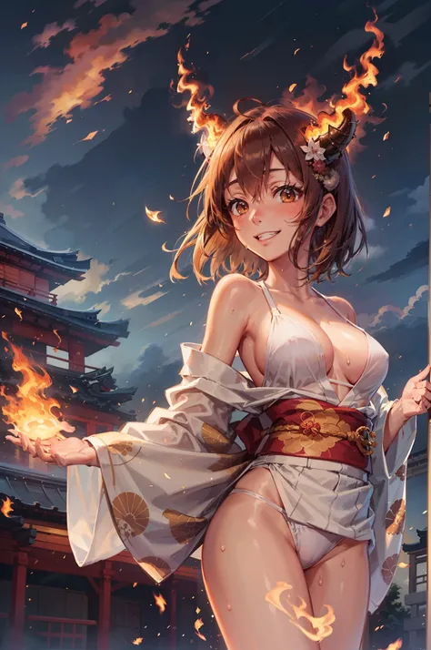 (masutepiece, Best Quality:1.2), (1girl in, Solo), 20yr old, Upper body, (Kimono, Undressing, White Bikini Bra), (Brown Short Hair, Brown eyes), Burning Devils Horn, Smile, (Sweat:1.1), gleaming skin, The ancient capital of Japan, nigh sky, From Side