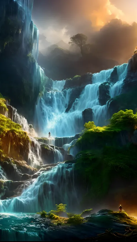 Waterfall in the middle of the forest with man standing on rocks, huge waterfall, stunning waterfall, Alien Falls, floating waterfalls, an endless waterfall, beautiful stunning waterfall, huge waterfall, amazing wallpapers, breathtaking fantasy art, impres...