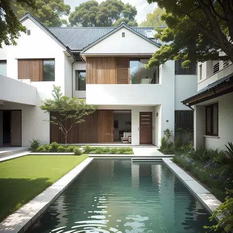 Residential simple white two-storey surrounded by greenery, flowing water, winding paths