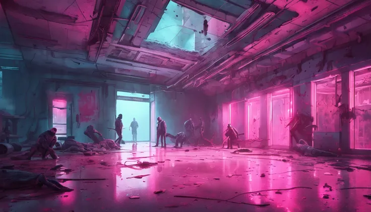 Fifteen men clad in a formal suit wields a weapon,Battle a (bio-mechanical monster:1.8),abandoned hospital corridor,illuminated by light rays filtering through the glass,in a contrasting pink and blue color scheme,painting style:Surrealism,artist: Alena Ae...