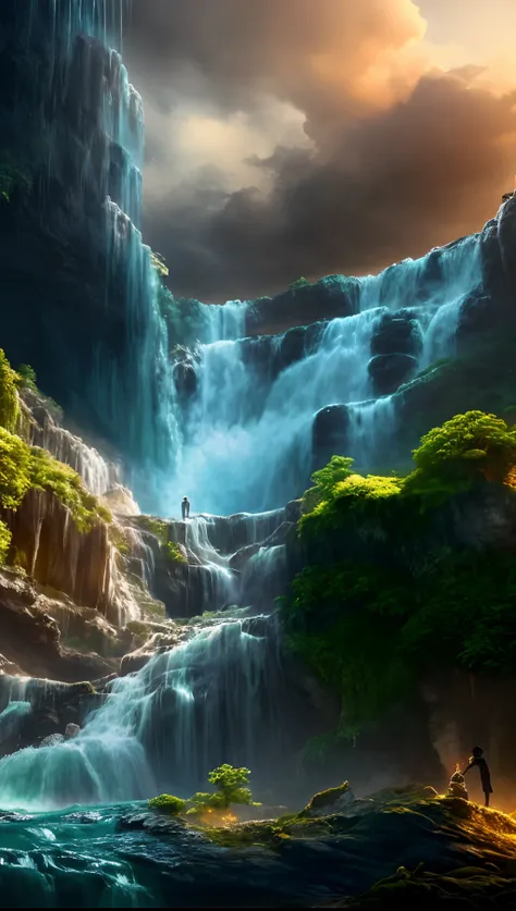 Waterfall in the middle of the forest with man standing on rocks, huge waterfall, stunning waterfall, Alien Falls, floating waterfalls, an endless waterfall, beautiful stunning waterfall, huge waterfall, amazing wallpapers, breathtaking fantasy art, impres...