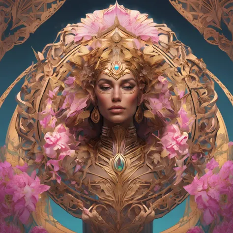 (symmetry:1.1) (portrait of floral:1.05) a woman as a beautiful goddess, (assassins creed style:0.8), pink and gold and opal color scheme, beautiful intricate filegrid facepaint, intricate, elegant, highly detailed, digital painting, artstation, concept ar...