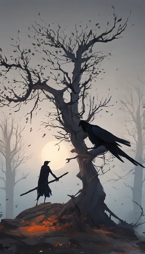 Two crows on a dead tree, A shadow shaped like a walker, Starry night, Thick fog on the ground, Blue light on the horizon, Unreal Engine 5, Cinematic, low angle photography, Motion blur, Depth of field, Dust, Cobblestones and dirt. Splash Art, dripping pai...