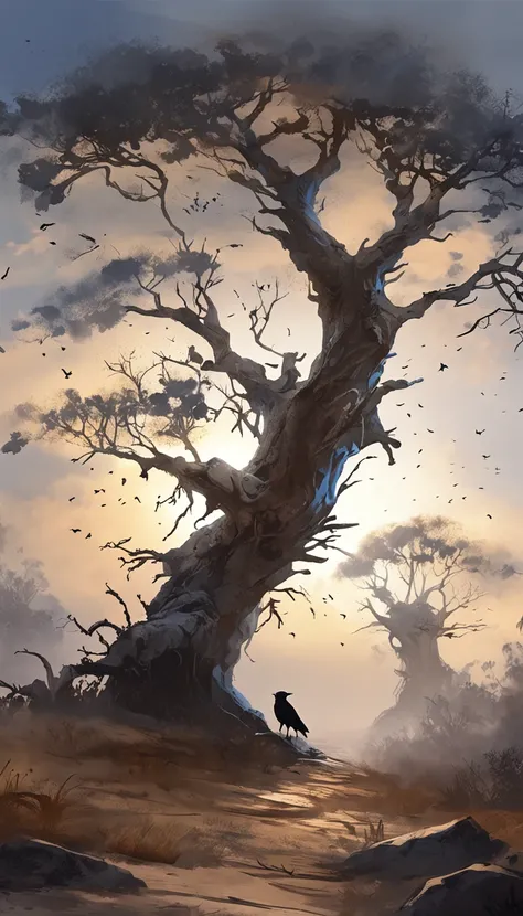 Two crows on a dead tree, A shadow shaped like a walker, Starry night, Thick fog on the ground, Blue light on the horizon, Unreal Engine 5, Cinematic, low angle photography, Motion blur, Depth of field, Dust, Cobblestones and dirt. Splash Art, dripping pai...