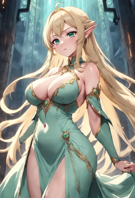 age30,mature,anime,elf,woman,blonde,tall,SFW busty,voluptuous,SFW huge breasts,curvy,intricate detailed long dress,mint green eyes