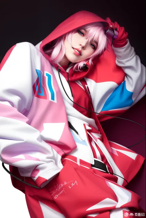 （tmasterpiece，top Quority，best qualtiy，offcial art，Beauty and aesthetics：1.2），The is very detailed，Extremely colorful , many color,Anime girl in hoodie and headphones, Holding a microphone, ((Red)) baggy eyes,