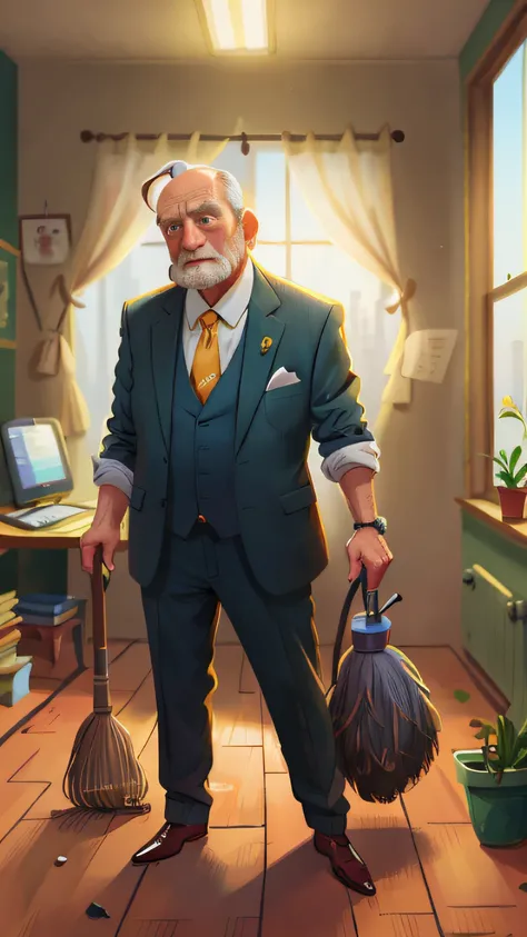 An old businessman in a suit，A servant in the back is sweeping the floor，Perfect quality，Clear focus， （tmasterpiece：1.2） （realisticlying：1.2） （Bokeh） （best qualtiy） （detailedskin：1.3） （complexdetails） （8K） （detailedeyes） （Sharp focus）