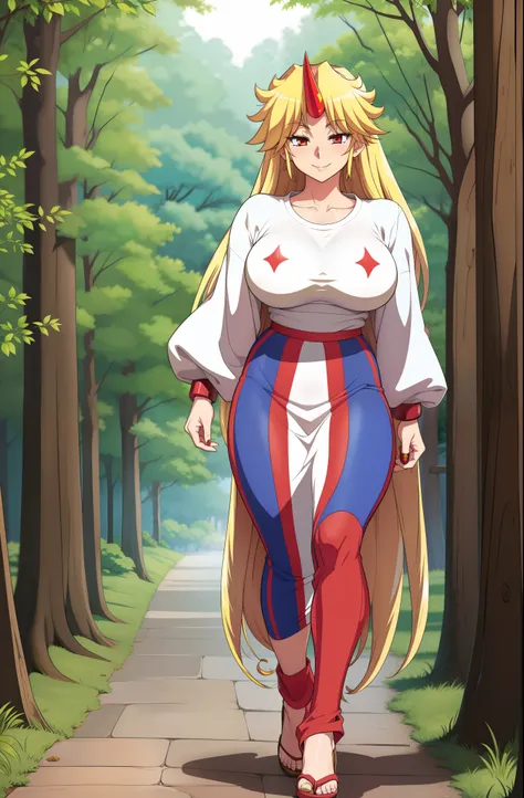 hoshiguma yuugi, 1girl,single horn, blonde hair, long hair,yellow eyes,shackles ,white shirt,skirt,, walking, long skirt, forest, red eyes,smile,, full body, village, musclegirl