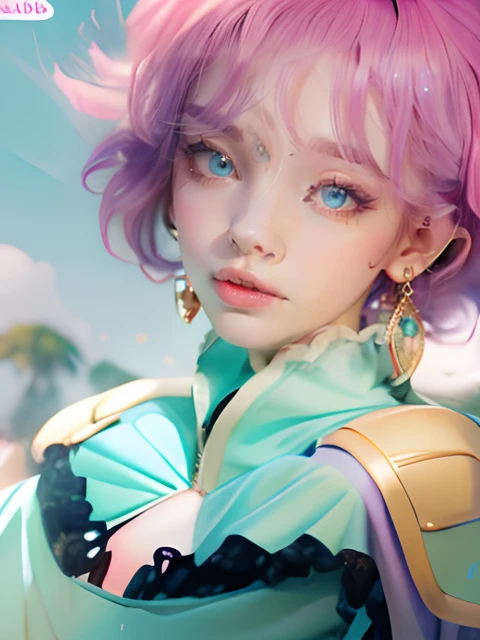 (Raised eyebrows),Mint green long-sleeved clothes、Big purple drooping eyes with arched eyebrows and pink short splashed hair,,,,,、White shoulder pads、Blue bustier and black lace、Gold Earrings、Girl in mint green clothes with open chest