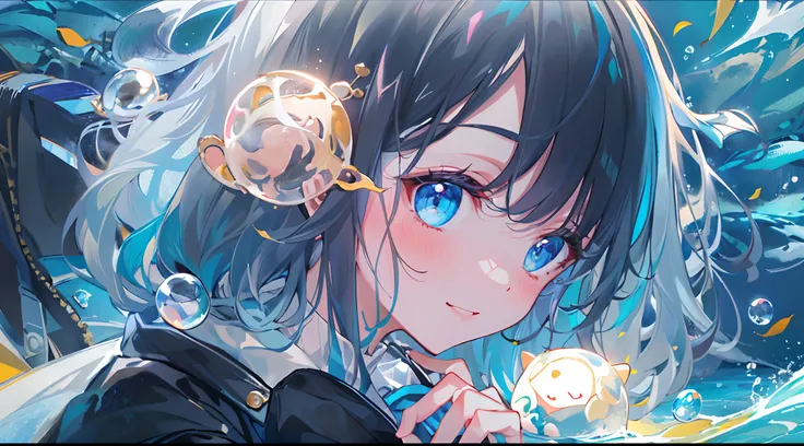 ((top-quality)), ((​masterpiece)), ((ultra-detailliert)), (extremely delicate and beautiful), girl with, 独奏, cold attitude,((Black jacket)),She is very(relax)with  the(Settled down)Looks,A dark-haired, depth of fields,evil smile,Bubble, under the water, Ai...