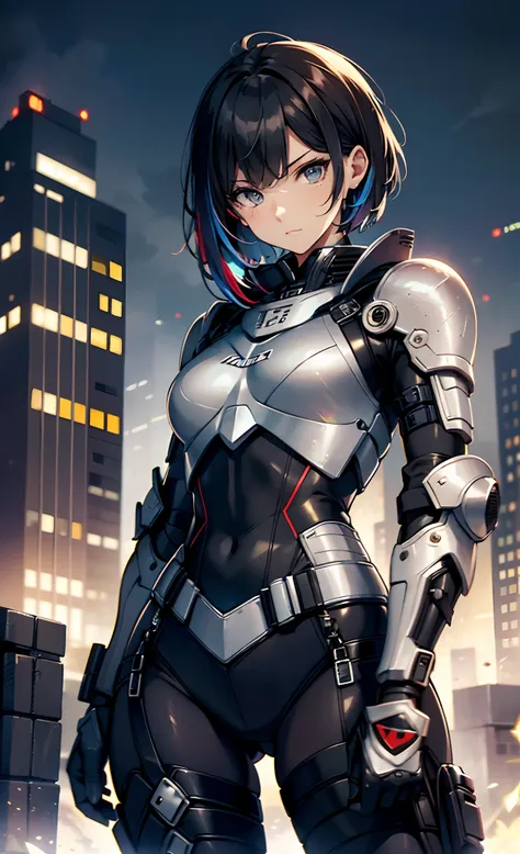 best qualityer，tmasterpiece，Ultimate resolution，downy，Extremely colorful，Colorful，Women combatants，a matural female，Black super short hair，holding gun，Tight combat suit，tightsuit，Steel City background，the night，Normal posture，Normal posture