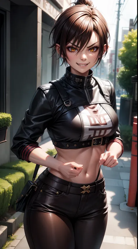 Adult woman, fangs, Orc, short brown hair, Punk hairstyle, Brown eyes, ciberpunk, The Monk of Street Fighting, brawn, smirk, Masterpiece, hiqiquality