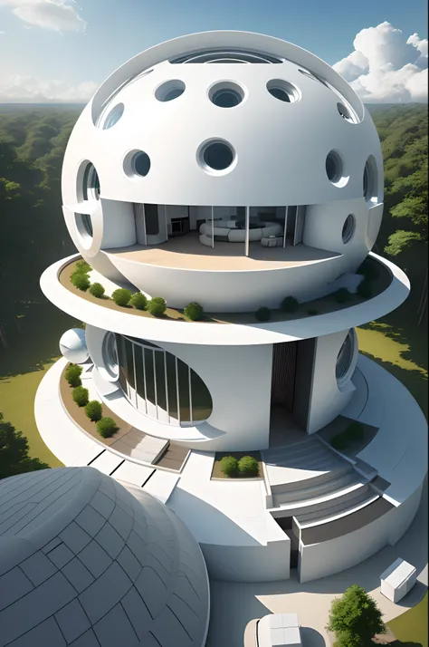 semi-spherical exterior home,  modern architectural design, more forms and functions, new scientific home, high solar energy technology,  white color and metallic, forest, daylight, sky, white cloud, realistic, photorealistic, futuristic, 8K, masterpiece, ...