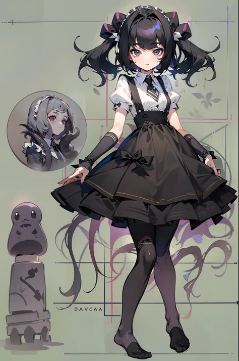 A teenage girl，with short black hair，（the maid outfit），Completely black eyes，Three nil，black shadows，tentaculata，blacksilk，without wearing shoes，Side light，Standing drawings of characters，4K，quadratic element