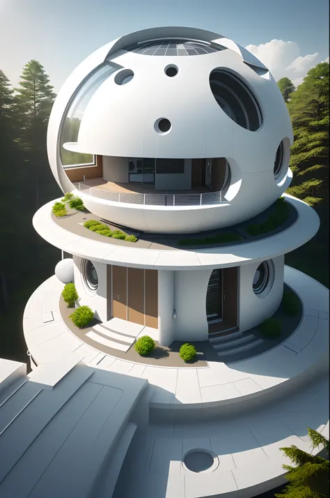 semi-spherical exterior home,  modern architectural design, more forms and functions, new scientific home, high solar energy technology,  white color and metallic, forest, daylight, sky, white cloud, realistic, photorealistic, futuristic, 8K, masterpiece, ...