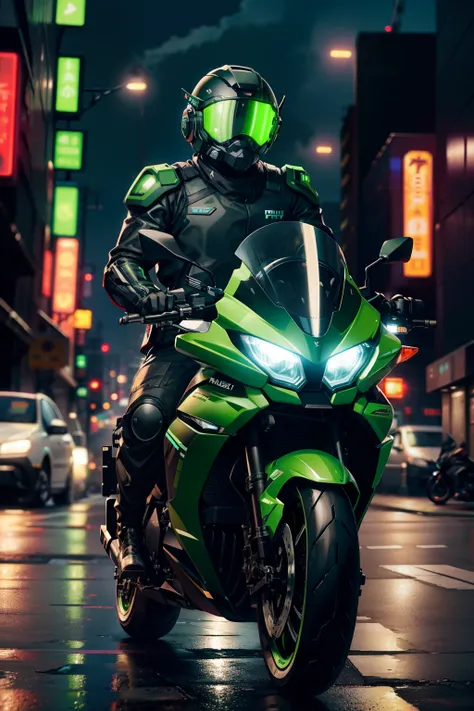 （Kawasaki black green motorcycle, scifi style, Robot police officer wearing armed police uniform, Wear a silver helmet, The city gallops, Cyberpunk style, Bright colors, the visual stunning shock, The surprised eyes of street pedestrians, Neon reflection)