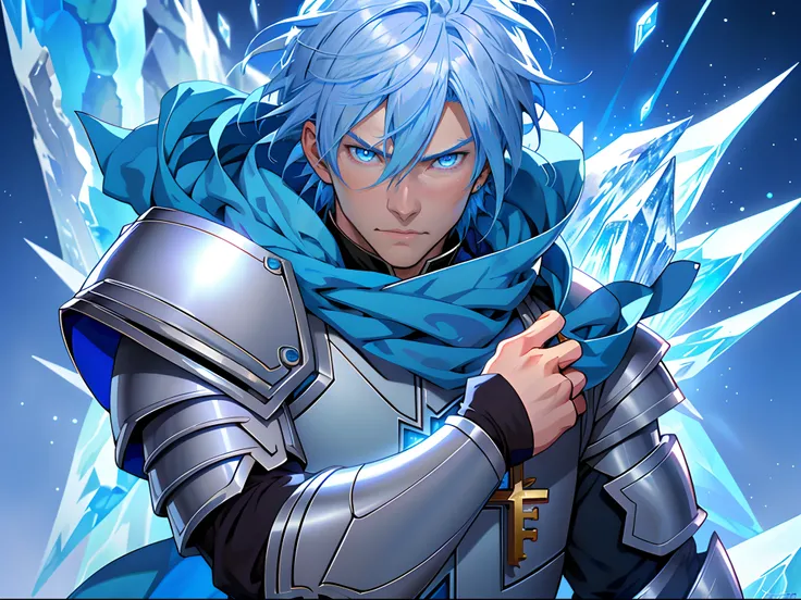 Anime characters with blue hair and blue eyes in snowy scenes, Ice Mage,  Tall anime guy with blue eyes, freezing blue skin, Key anime art, Kazuto Okada。, male anime character, Ice crystal armor, Detailed key anime art, full portrait of magical knight, blu...