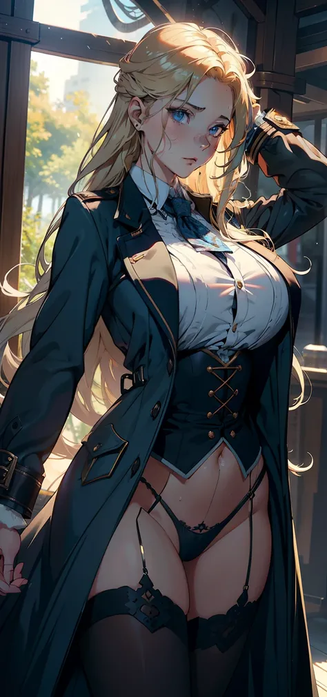 1female，15year old，Huge breasts， 独奏，British army， Wear a blue trench coat，Victorian style， Pornographic exposure，ln the forest，  She has long flowing blonde hair， Bare genitalia，Sateen，Bigchest， From the front side， Wet curls， Sweating profusely，mostly clo...